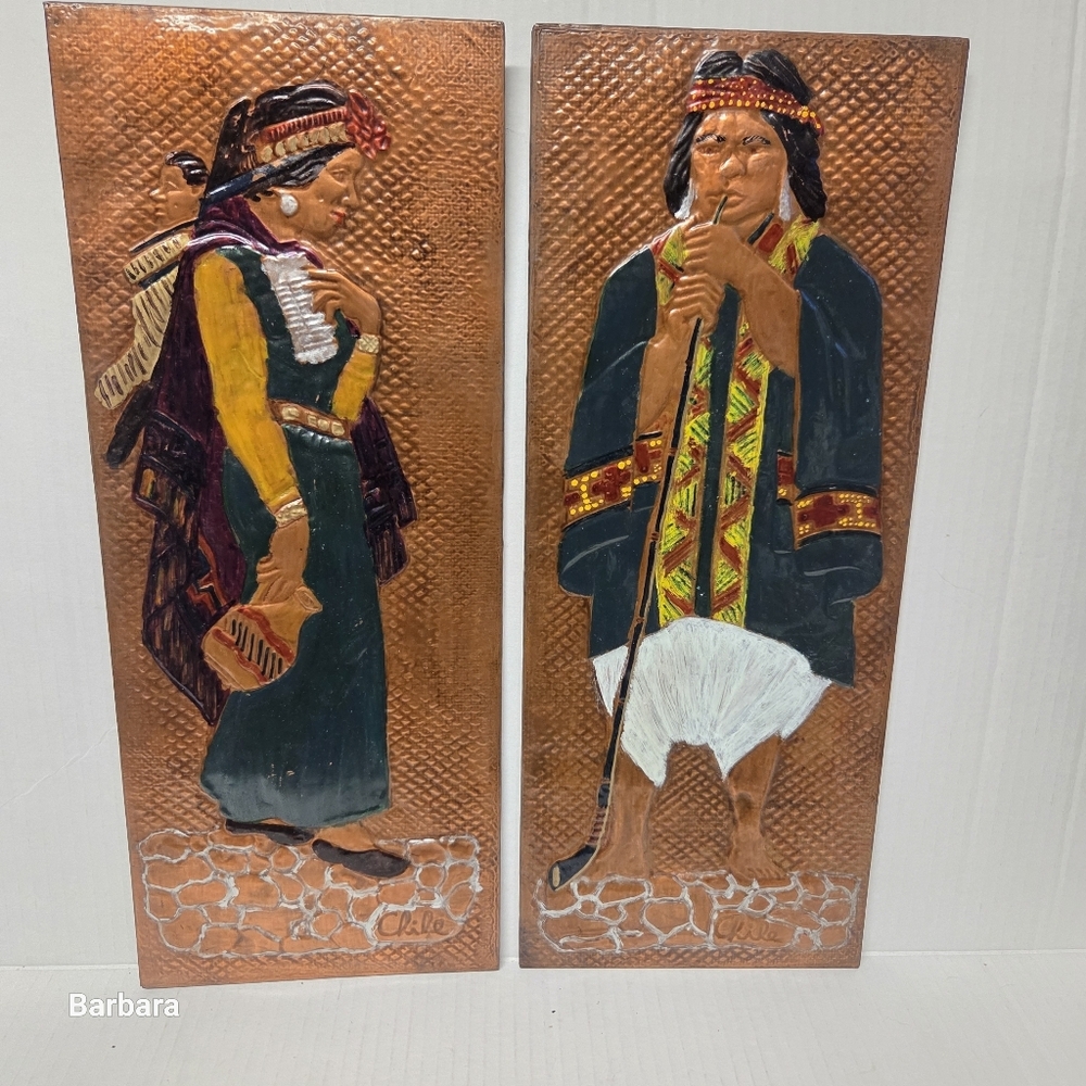 Vintage Chile Hand-painted Hammered Copper Mapuche Indigenous Wall Art